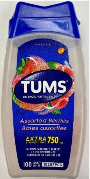 TUMS Assorted Berries Extra Strength Tablets (750 mg bottle of 100 tablets), lot 7B3G