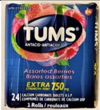 Costco club packs of four bottles with two different flavours labelled as lot 20K311 or lot 20L338. Only individual bottles of TUMS Assorted Berries Extra Strength Tablets labelled as lot 7B3G are affected.