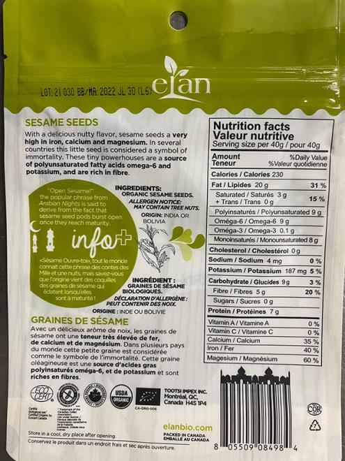Elan - Organic sesame whole seeds - Lot: 21030