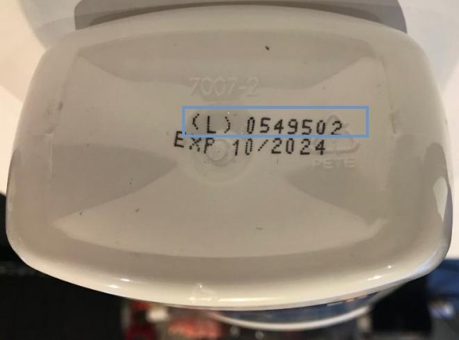 Example of location of lot number on the bottom of bottle (affected lot number of 0430552 not shown)