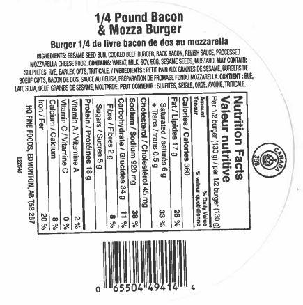 Hygaard Fine Foods Ltd.: 1/4 Pound Bacon and Mozza Burger