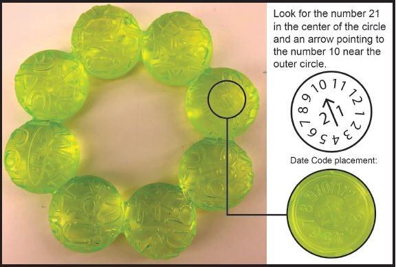 Green teether with date code placement