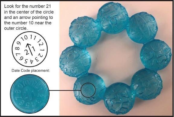 Blue teether with date code placement