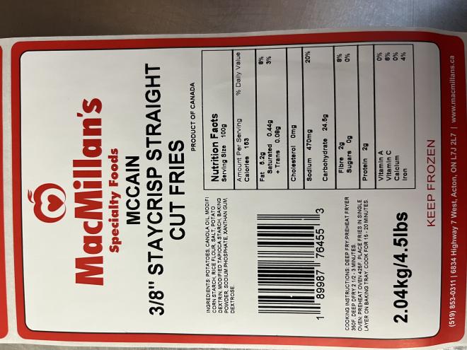 MacMillan's Specialty Foods - McCain 3/8" Staycrisp Straight Cut Fries