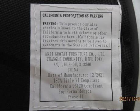 Label on Bottom of Affected Office Chairs