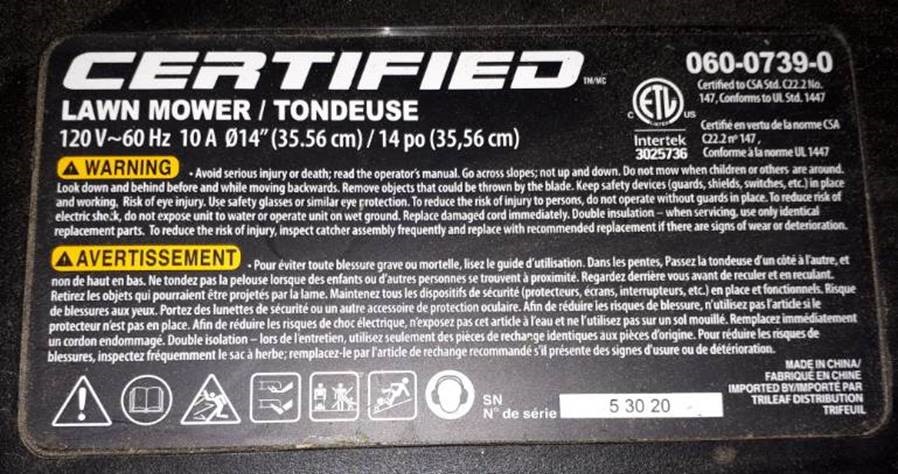 Image of label (located on the back of the unit) with model number in the top right corner